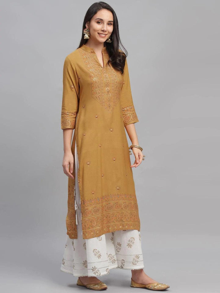 Yellow Printed Rayon Kurta