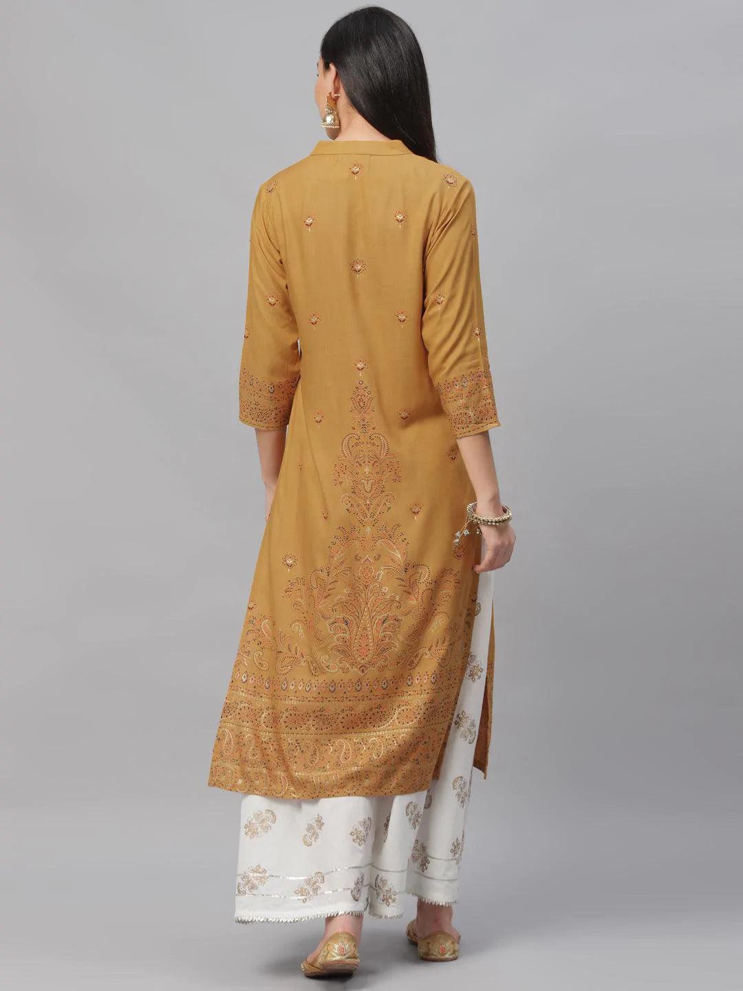 Yellow Printed Rayon Kurta - ShopLibas