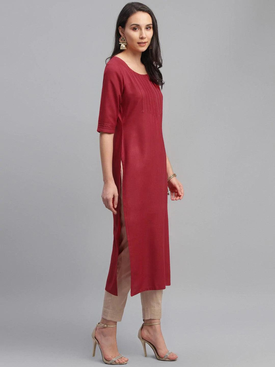 Maroon Solid Cotton Kurta - ShopLibas