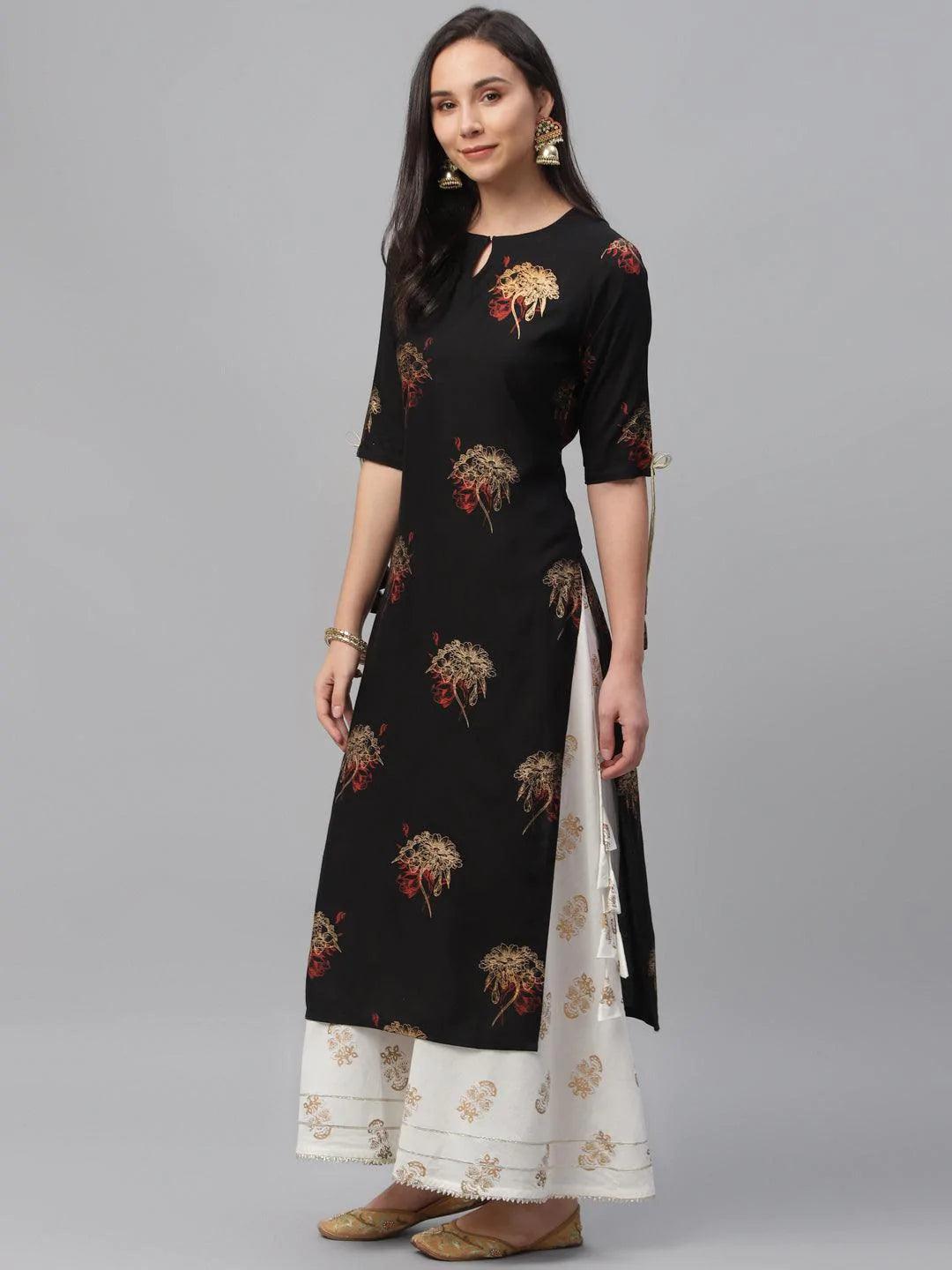 Black Printed Rayon Kurta - ShopLibas