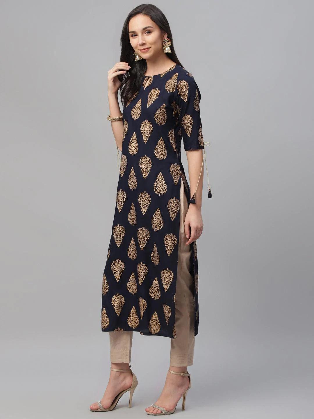 Blue Printed Rayon Kurta - ShopLibas