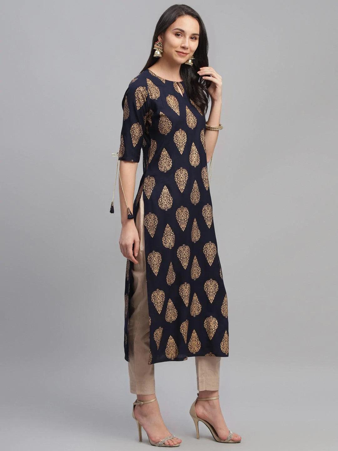 Blue Printed Rayon Kurta - ShopLibas
