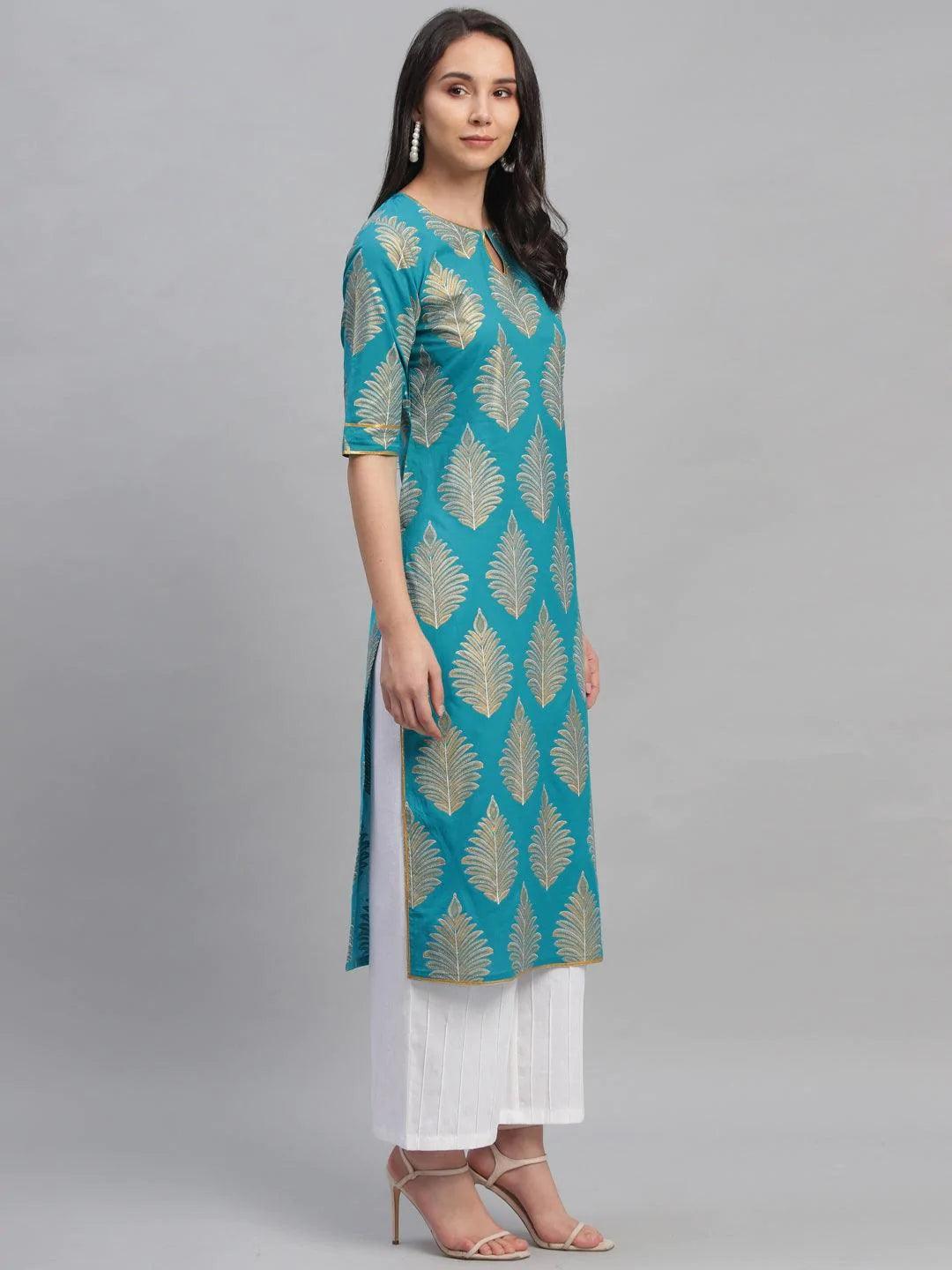 Blue Printed Cotton Kurta - ShopLibas