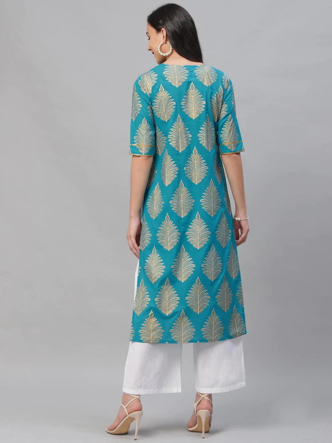 Blue Printed Cotton Kurta - ShopLibas