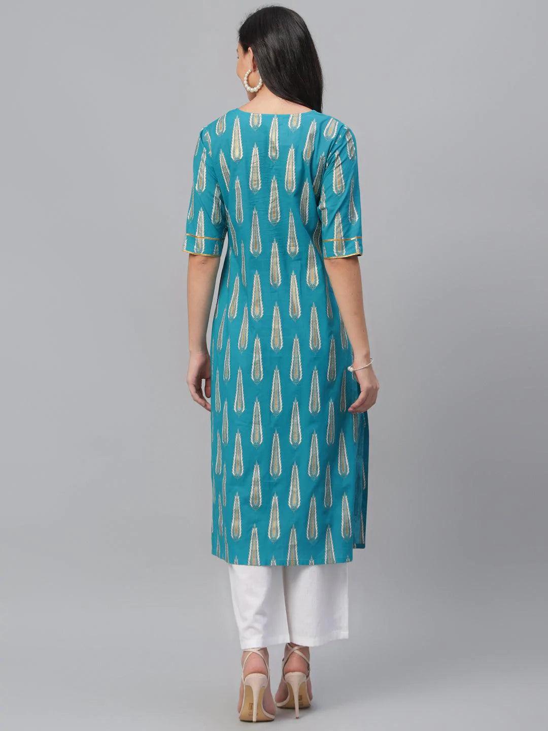 Blue Printed Cotton Kurta - ShopLibas