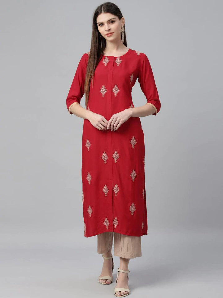 Red Embroidered Cotton Kurta