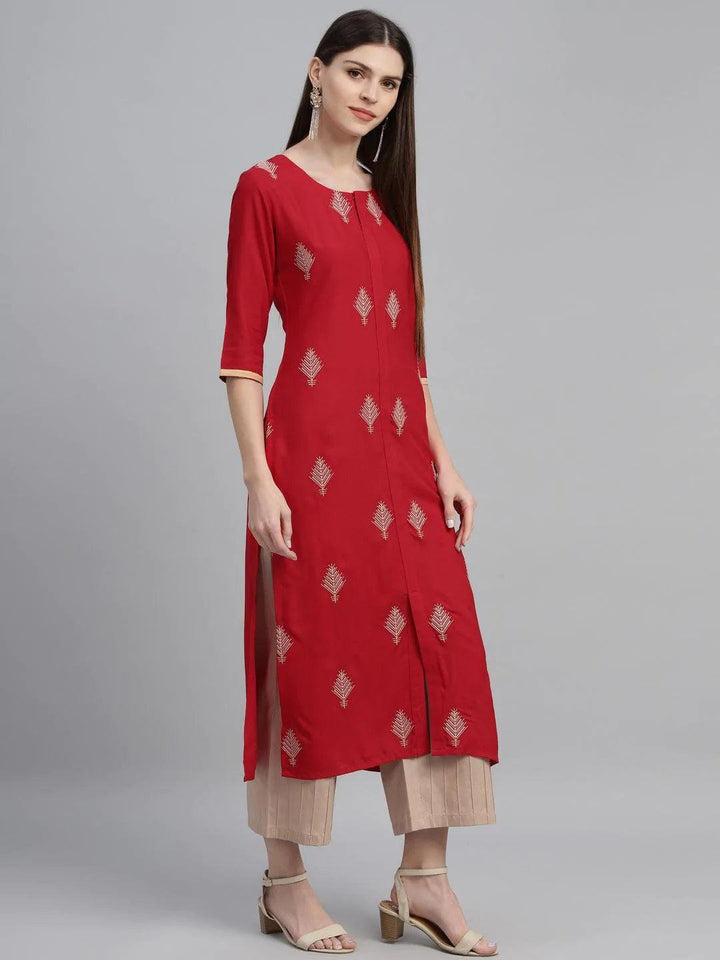Red Embroidered Cotton Kurta