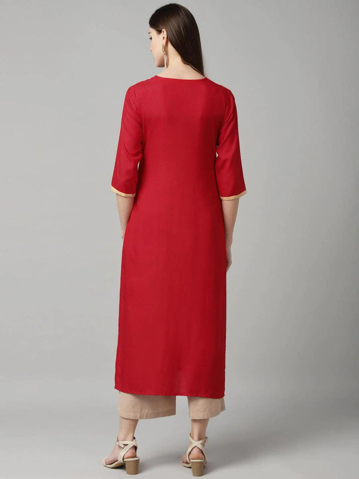 Red Embroidered Cotton Kurta