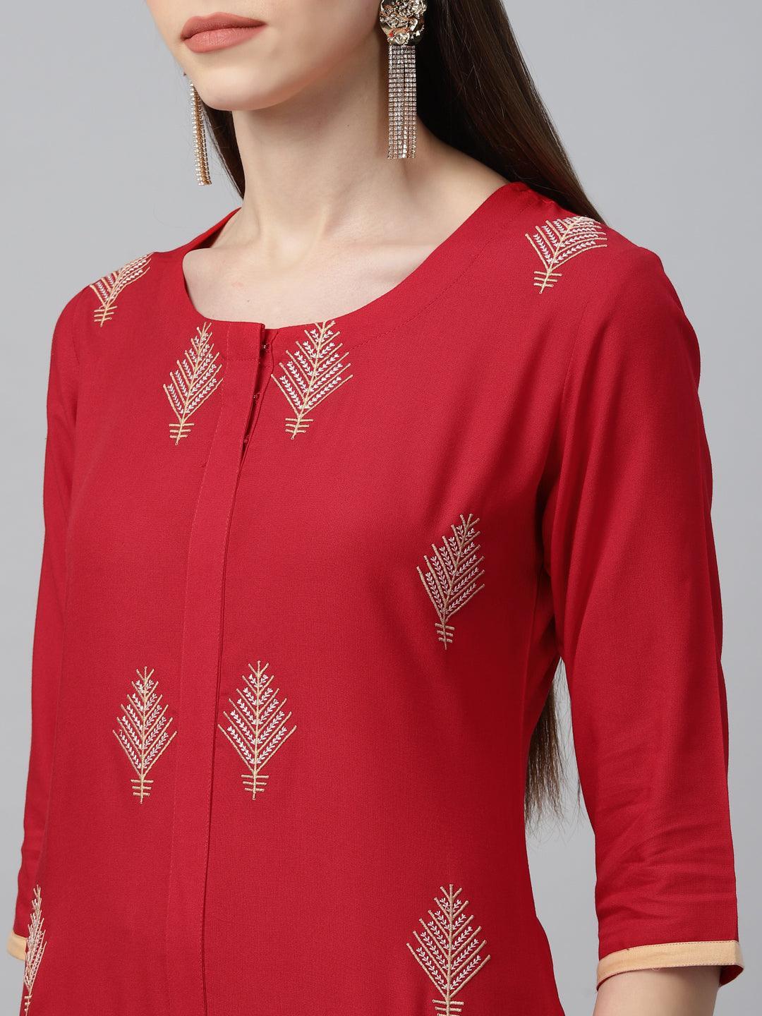 Red Embroidered Cotton Kurta - ShopLibas