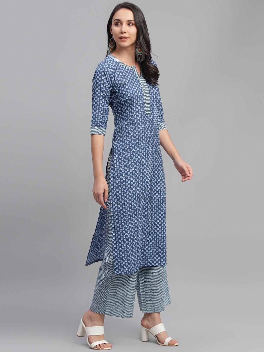Blue Printed Cotton Kurta - ShopLibas