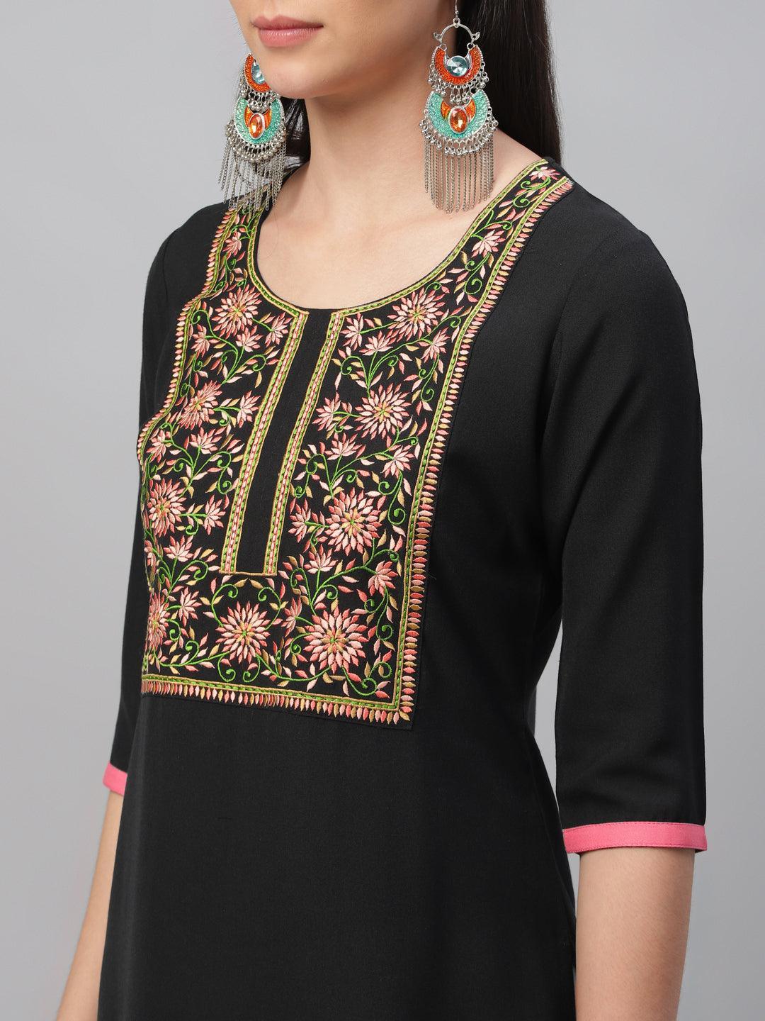 Black Embroidered Cotton Kurta - ShopLibas