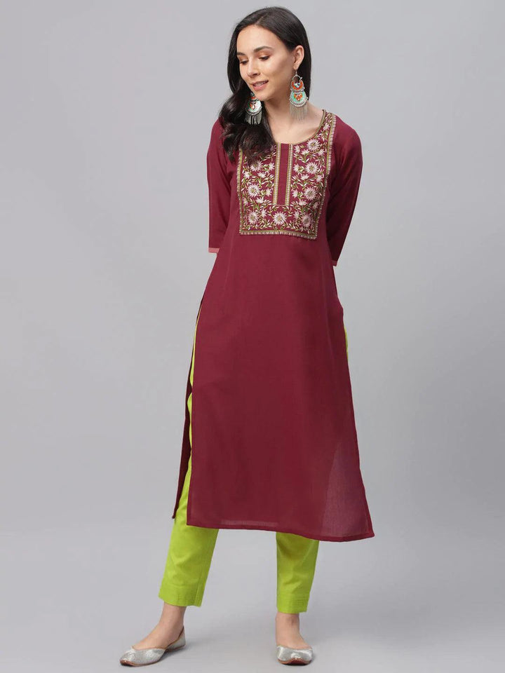 Maroon Embroidered Cotton Kurta