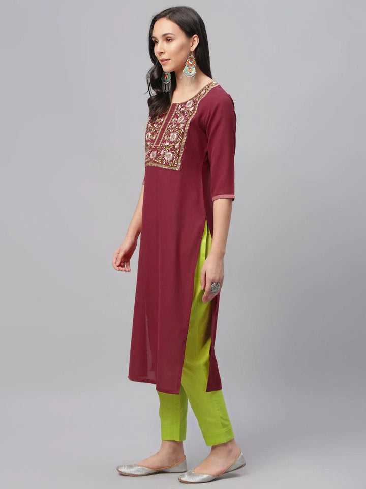Maroon Embroidered Cotton Kurta