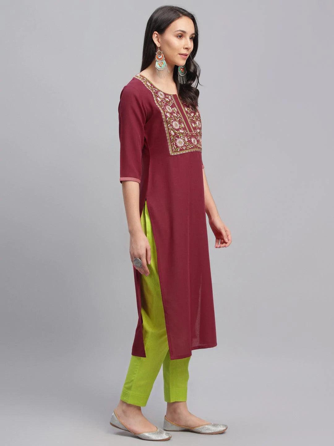 Maroon Embroidered Cotton Kurta - ShopLibas