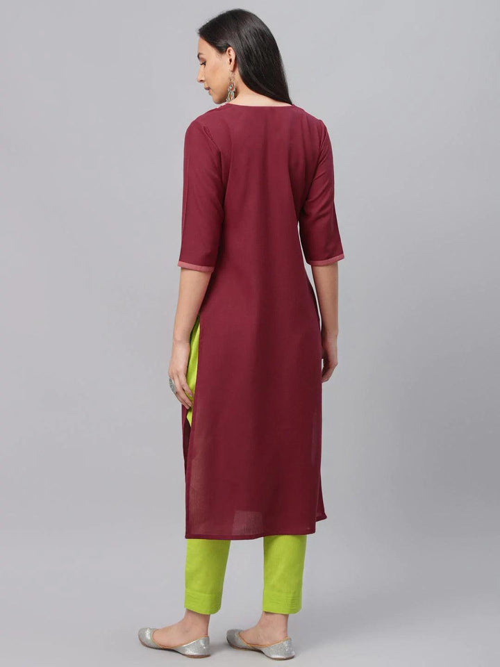 Maroon Embroidered Cotton Kurta