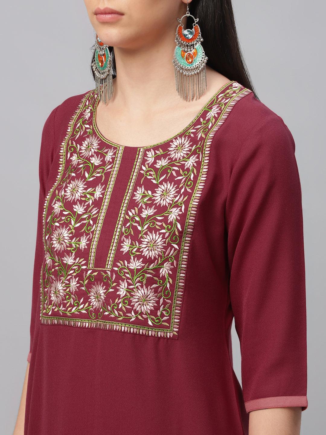 Maroon Embroidered Cotton Kurta - ShopLibas