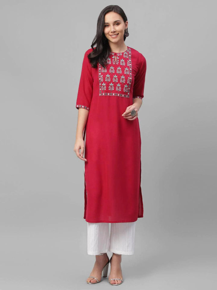 Maroon Embroidered Cotton Kurta