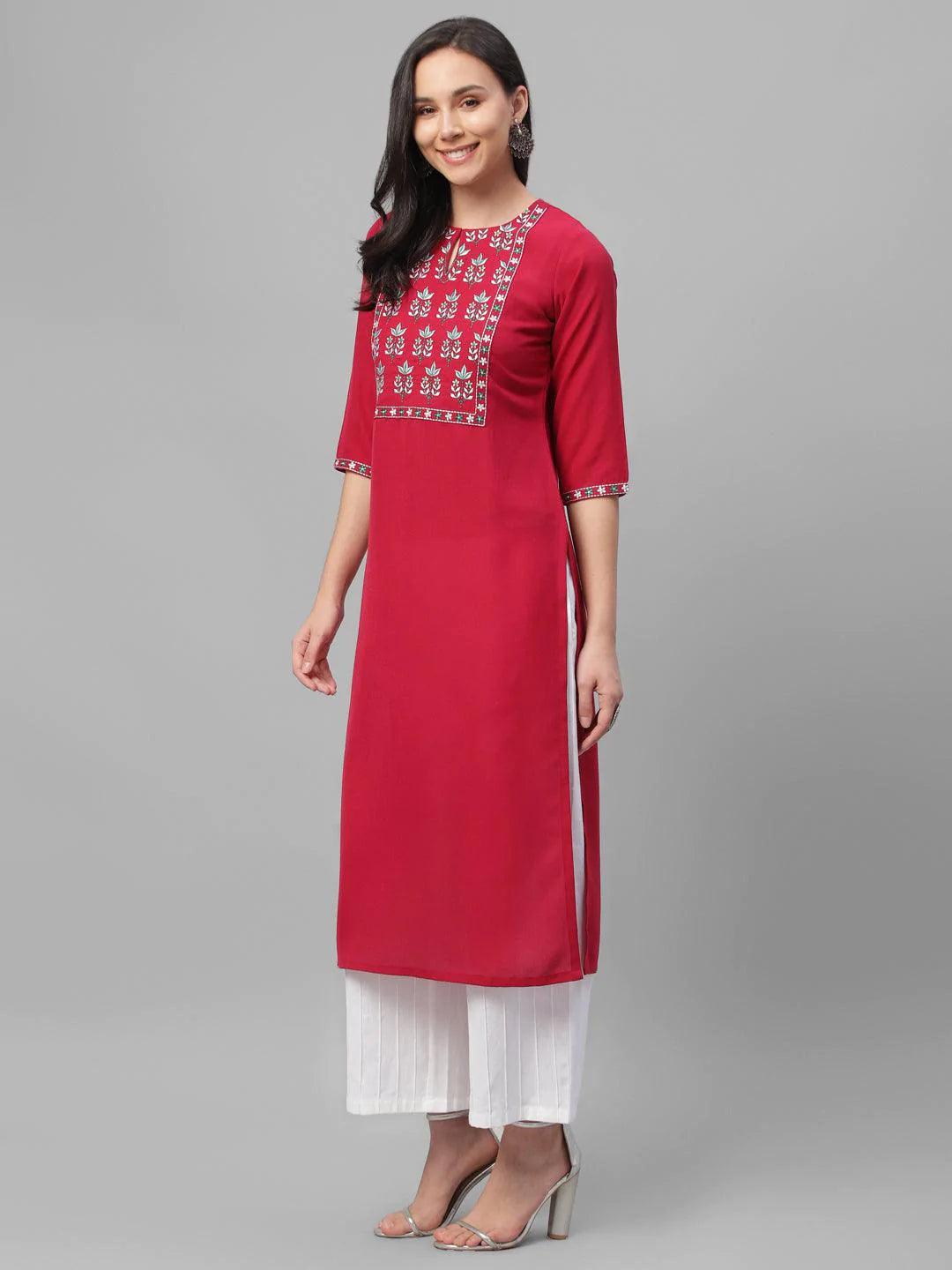 Maroon Embroidered Cotton Kurta - ShopLibas