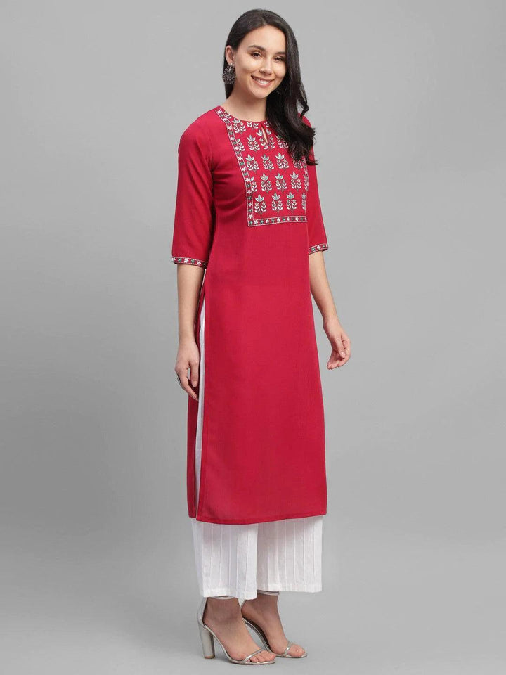 Maroon Embroidered Cotton Kurta