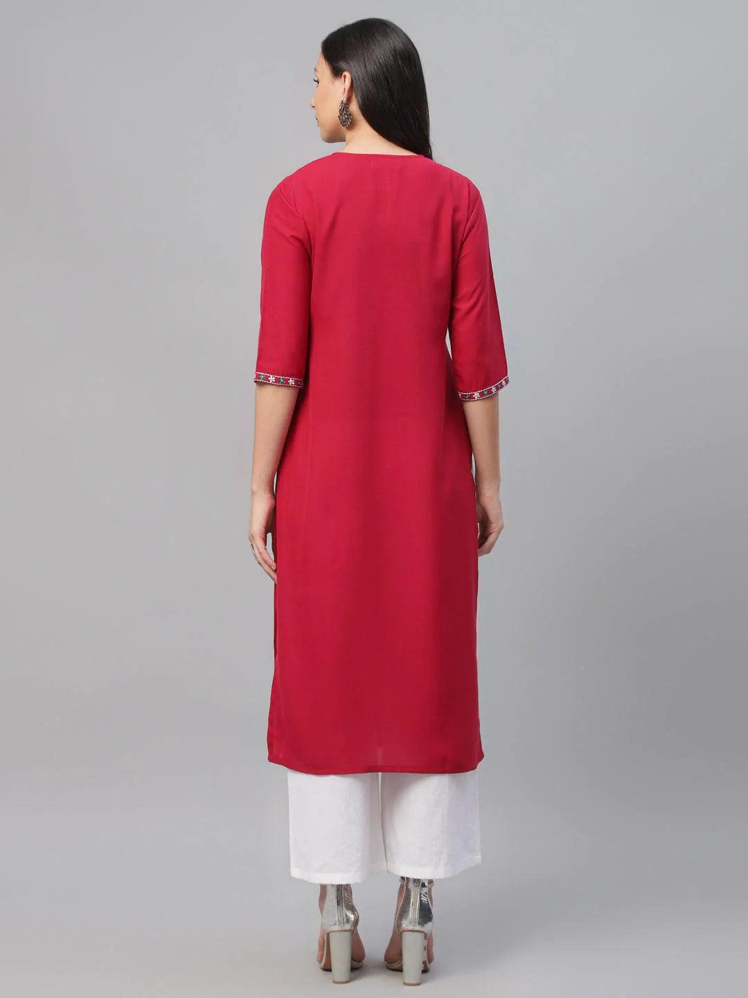 Maroon Embroidered Cotton Kurta - ShopLibas