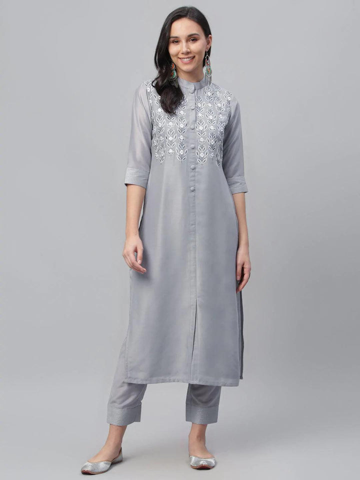 Grey Embroidered Crepe Kurta