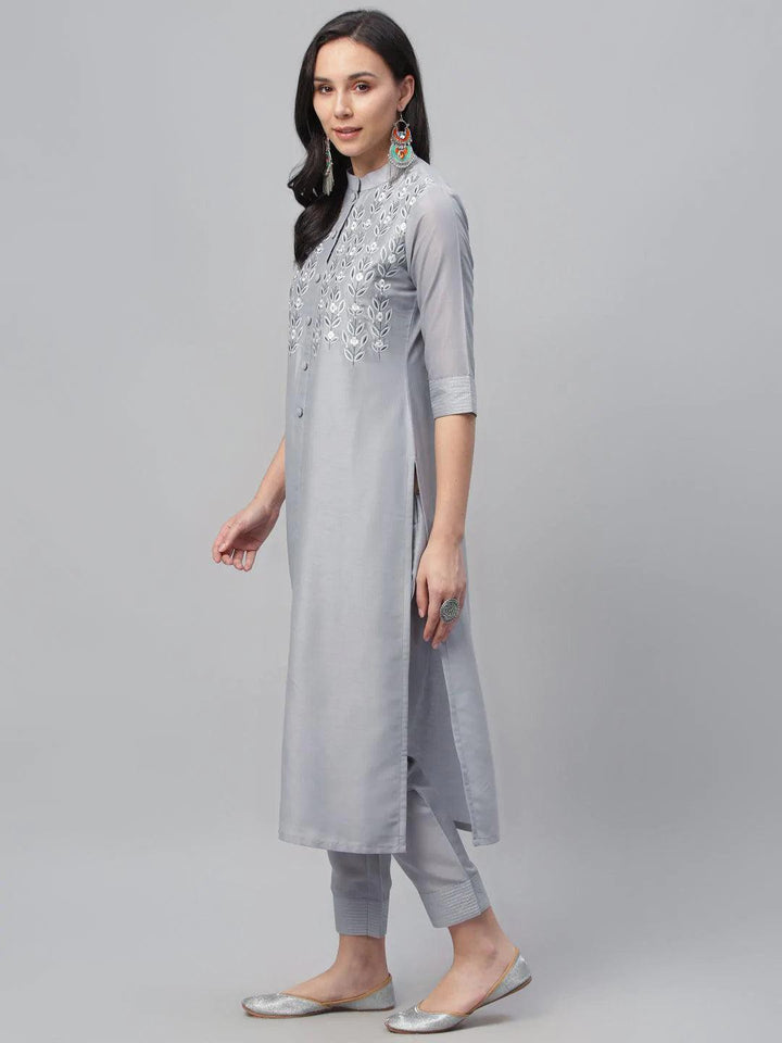 Grey Embroidered Crepe Kurta