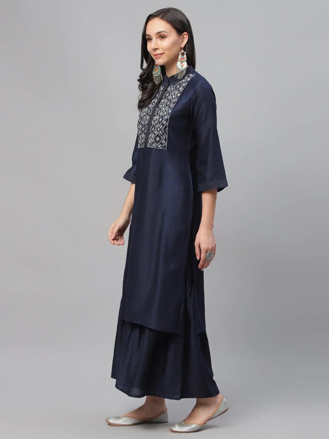 Blue Embroidered Crepe Kurta - ShopLibas