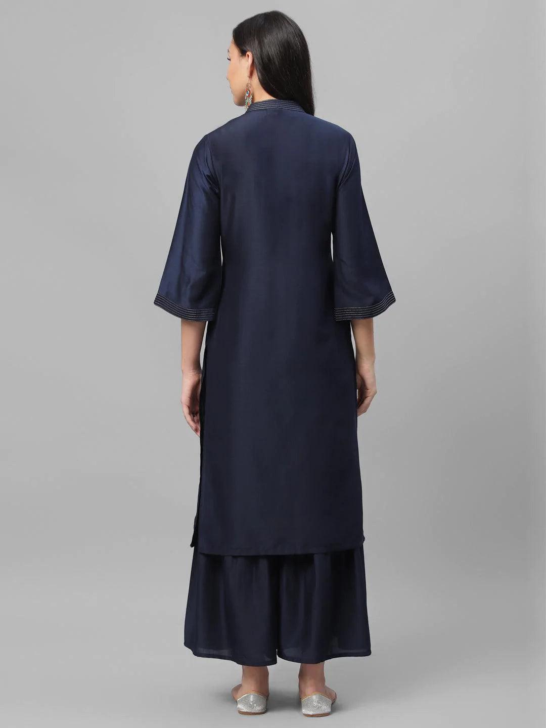 Blue Embroidered Crepe Kurta - ShopLibas