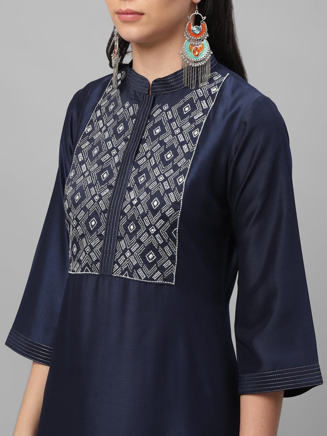 Blue Embroidered Crepe Kurta - ShopLibas