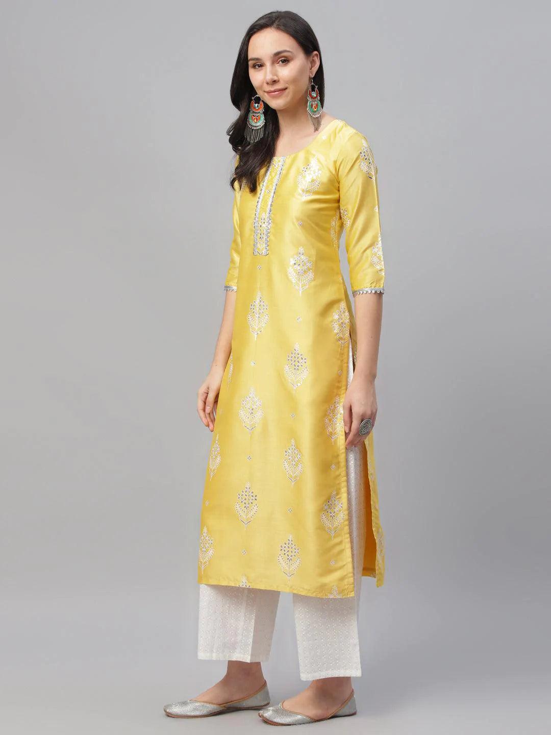 Yellow Printed Shantoon Kurta - ShopLibas