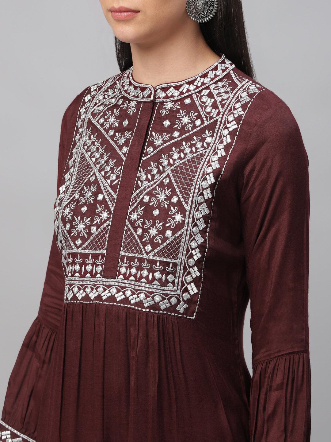Maroon Embroidered Shantoon Kurta - ShopLibas