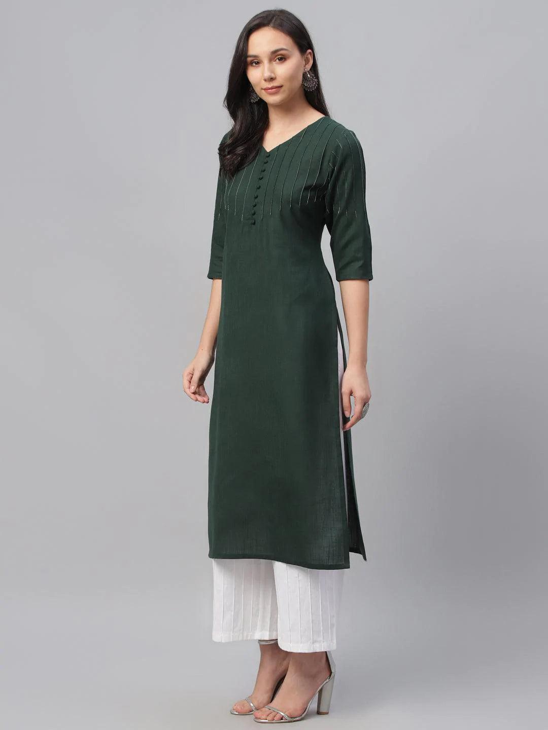 Green Solid Cotton Kurta - ShopLibas