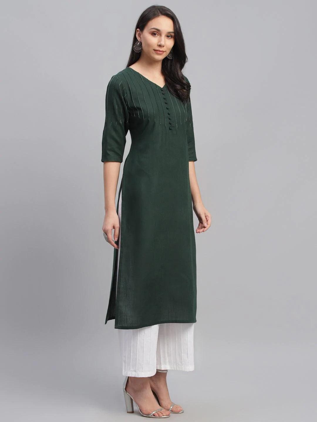 Green Solid Cotton Kurta - ShopLibas
