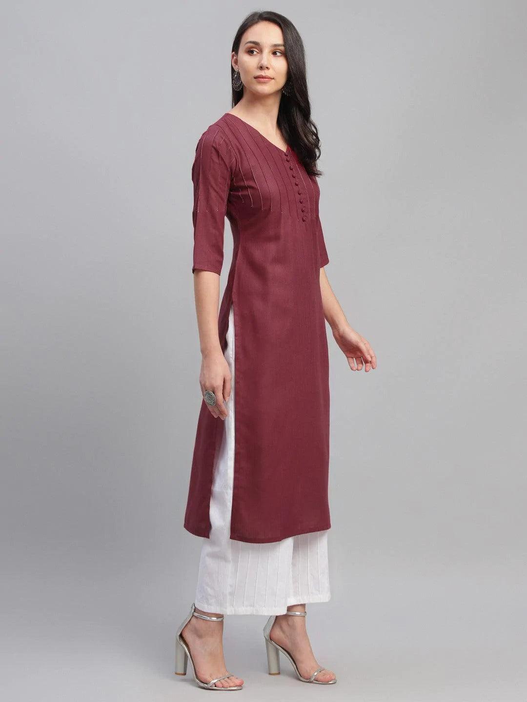 Maroon Solid Cotton Kurta - ShopLibas