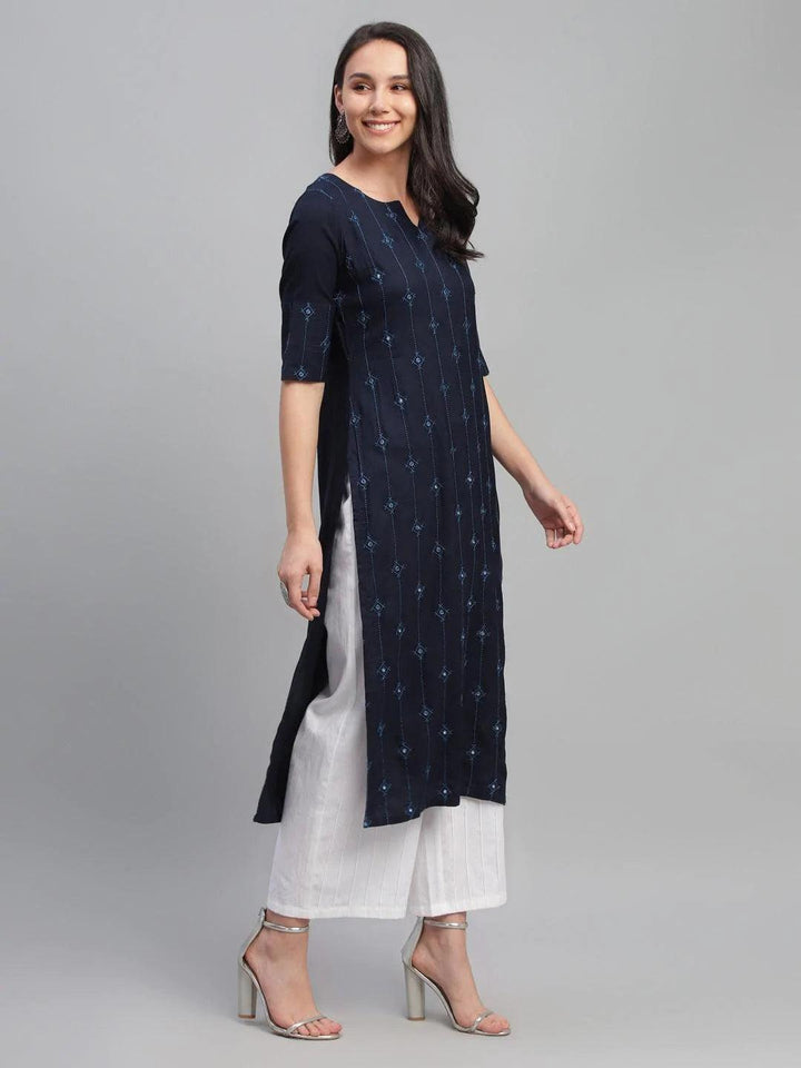 Blue Embroidered Rayon Kurta