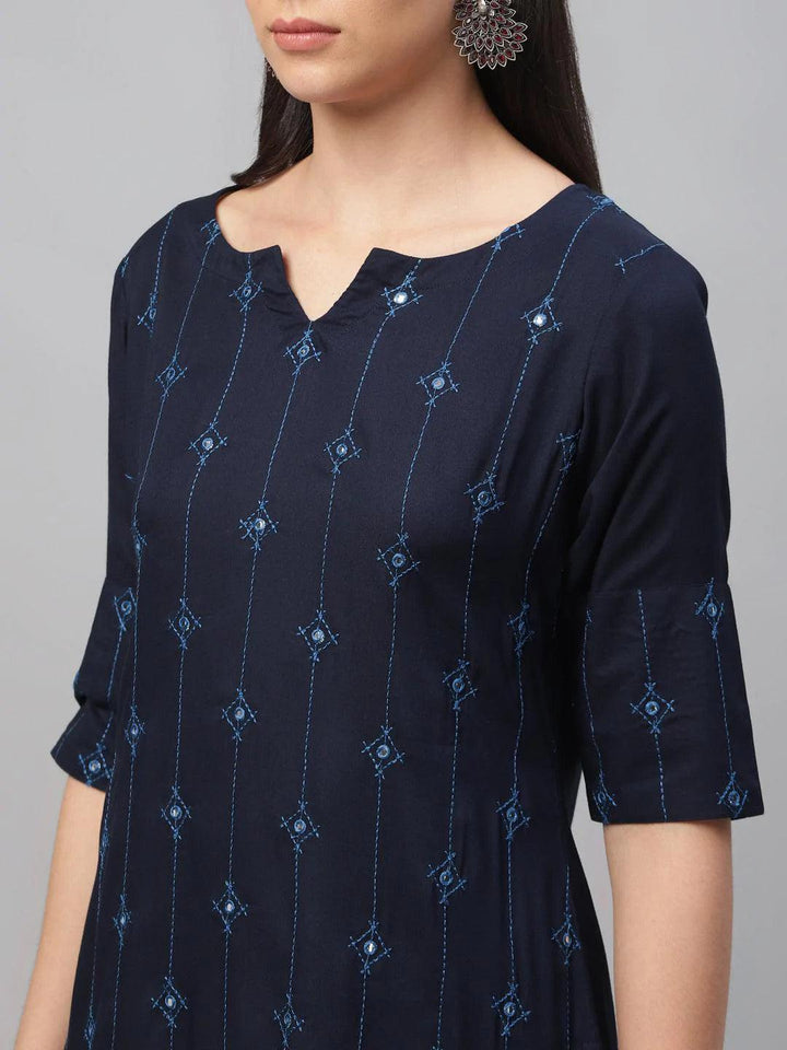 Blue Embroidered Rayon Kurta