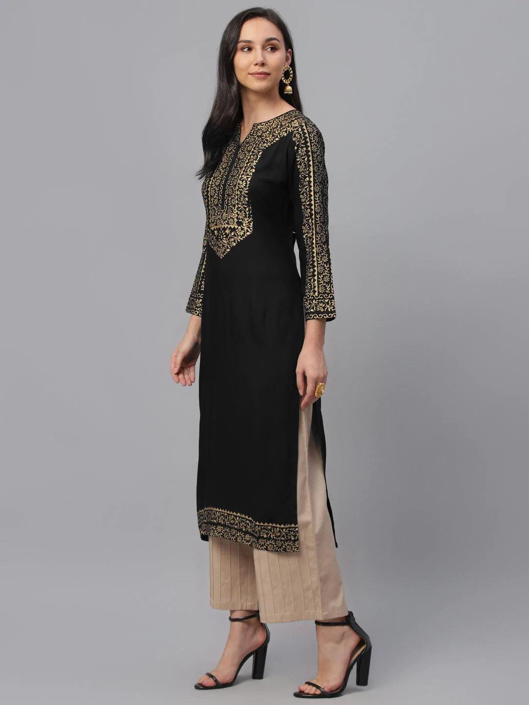 Black Printed Rayon Kurta - ShopLibas