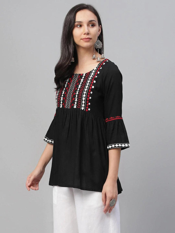 Black Embroidered Rayon Kurti
