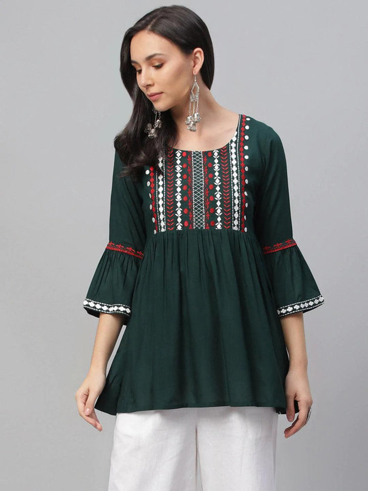 Green Embroidered Rayon Kurti