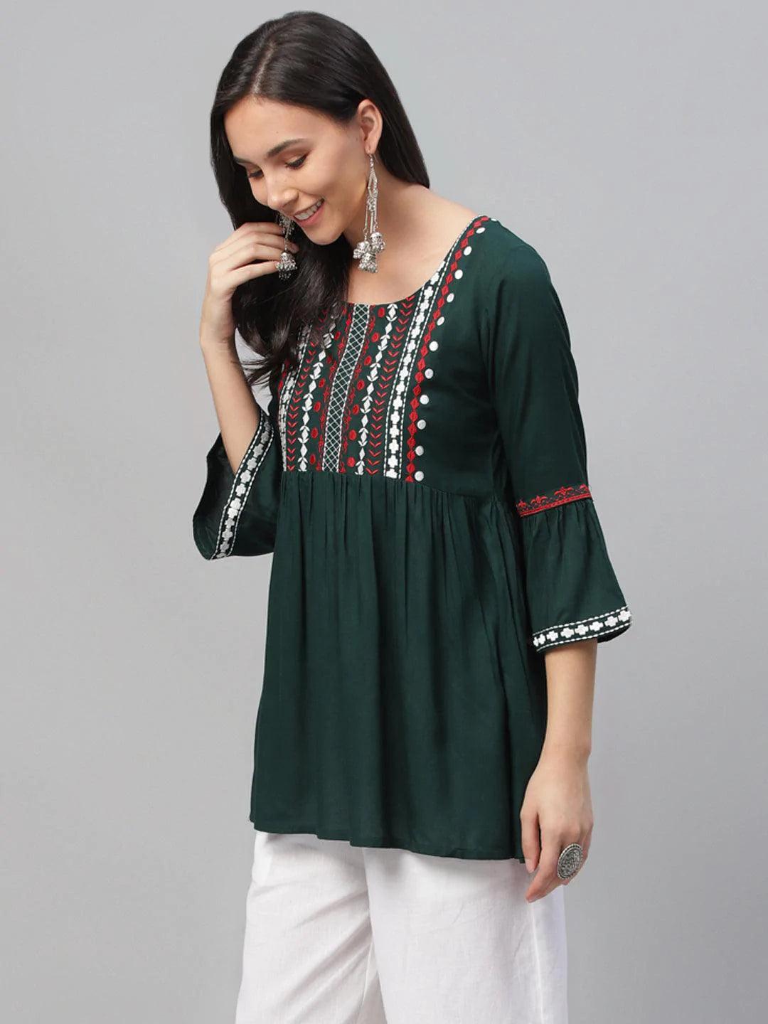 Green Embroidered Rayon Kurti - ShopLibas