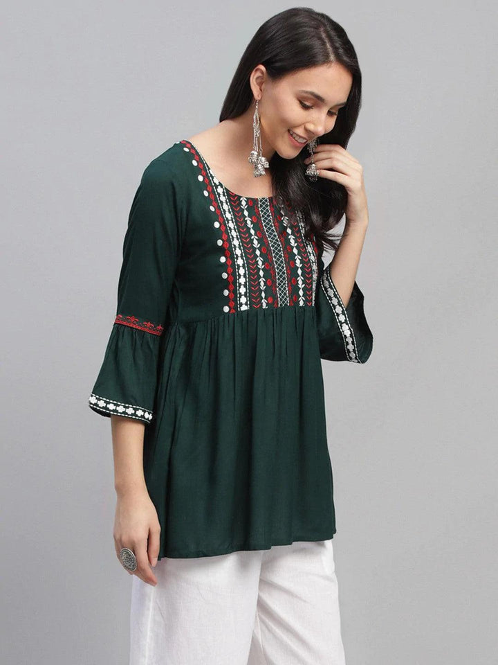 Green Embroidered Rayon Kurti