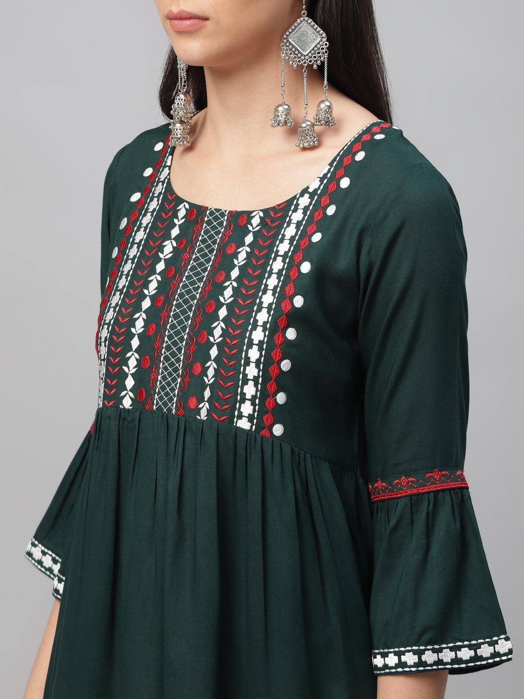 Green Embroidered Rayon Kurti - ShopLibas