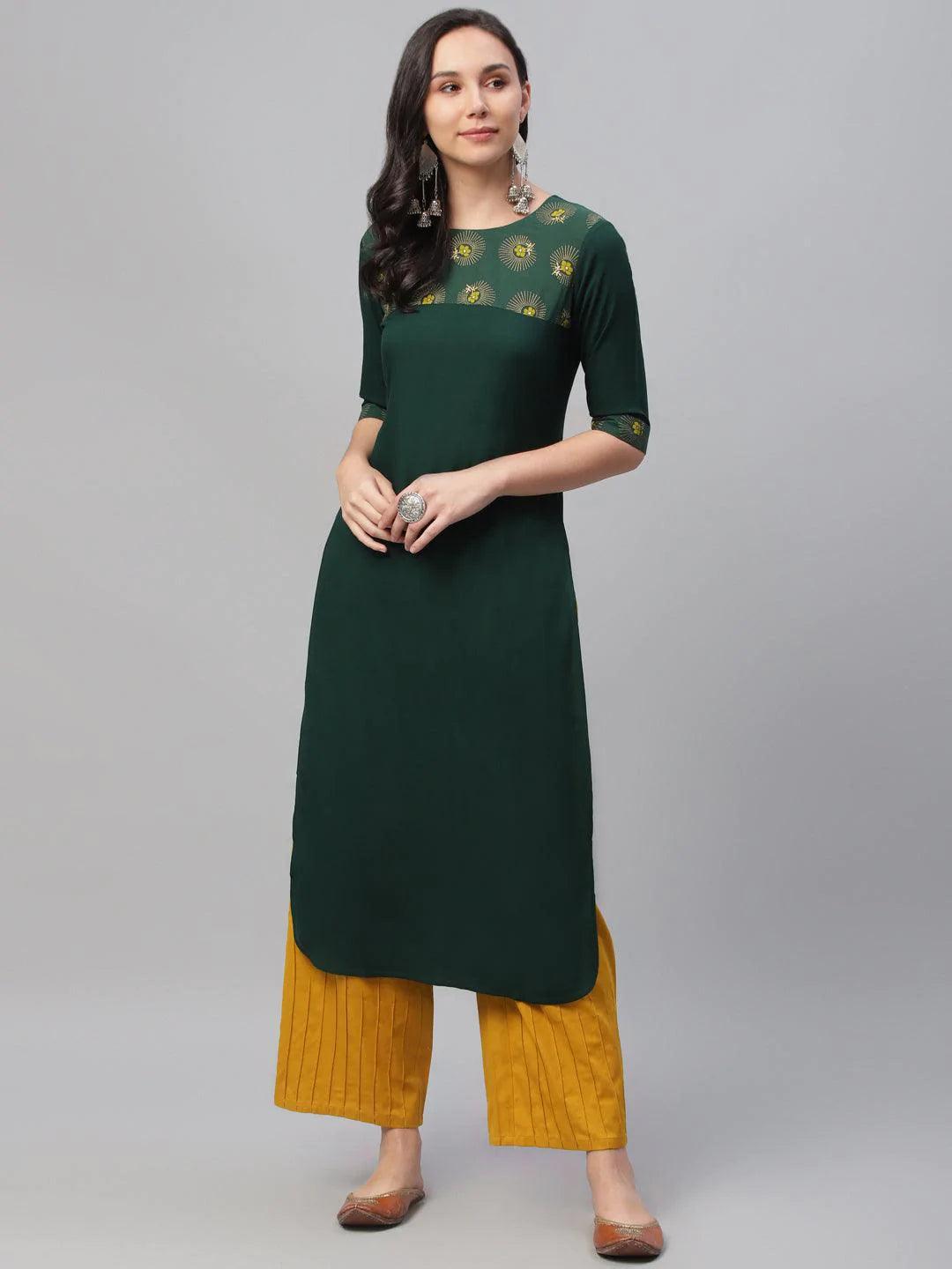 Green Printed Rayon Kurta - ShopLibas