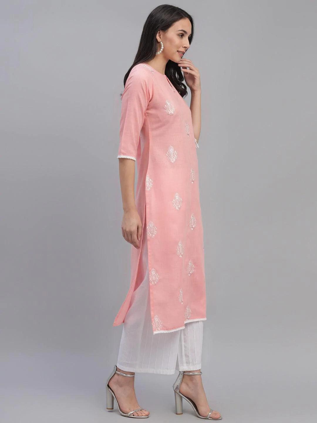 Pink Embroidered Cotton Kurta - ShopLibas