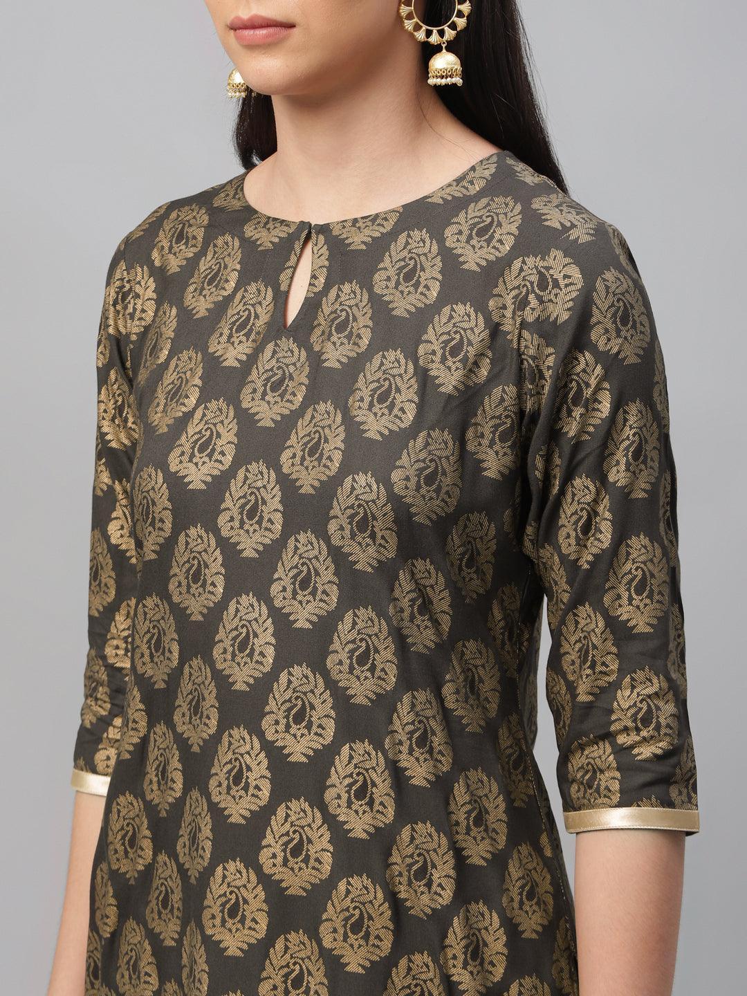 Grey Printed Cotton Kurta - ShopLibas