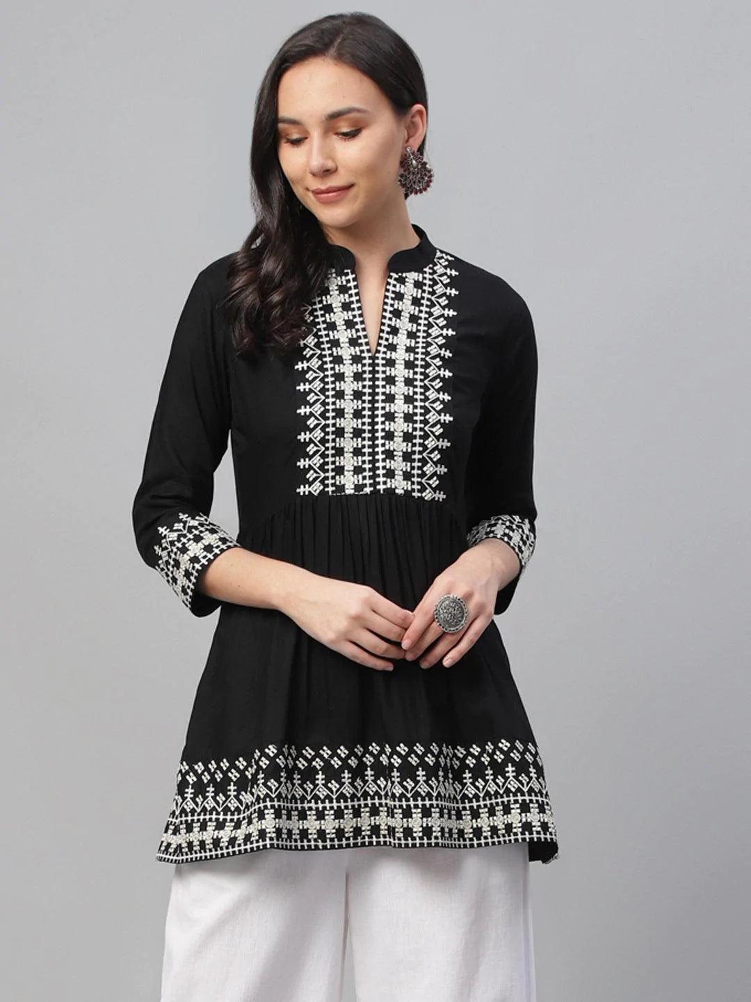 Black Embroidered Rayon Kurti - ShopLibas