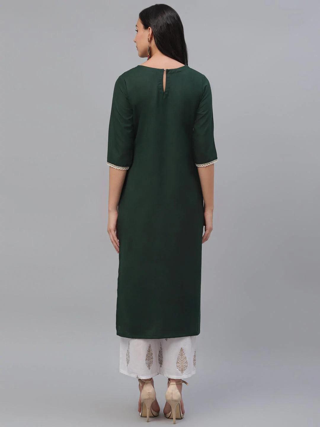 Green Embroidered Rayon Kurta - ShopLibas