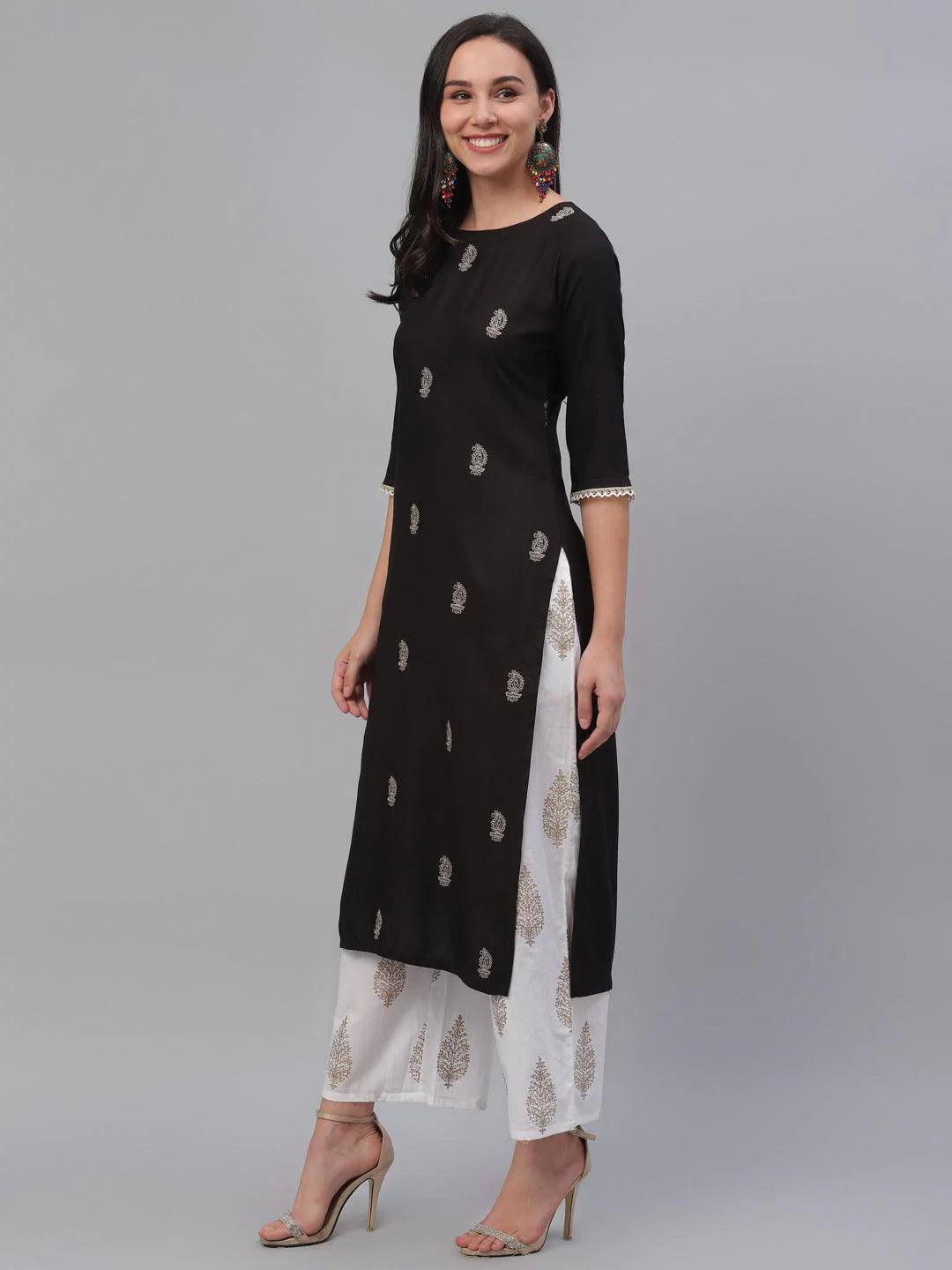 Black Embroidered Rayon Kurta - ShopLibas