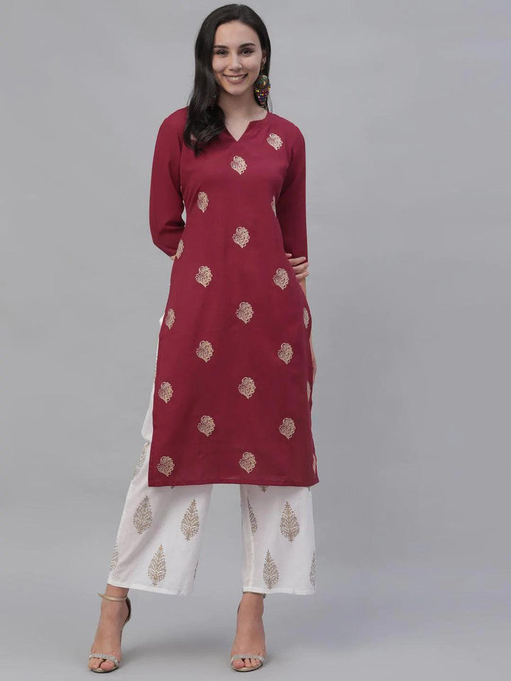 Maroon Embroidered Rayon Kurta