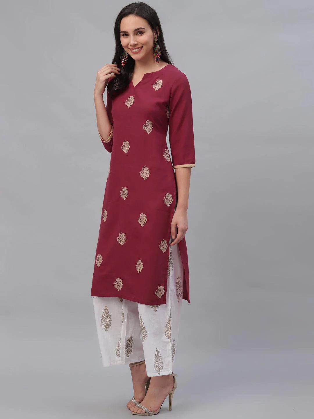 Maroon Embroidered Rayon Kurta - ShopLibas